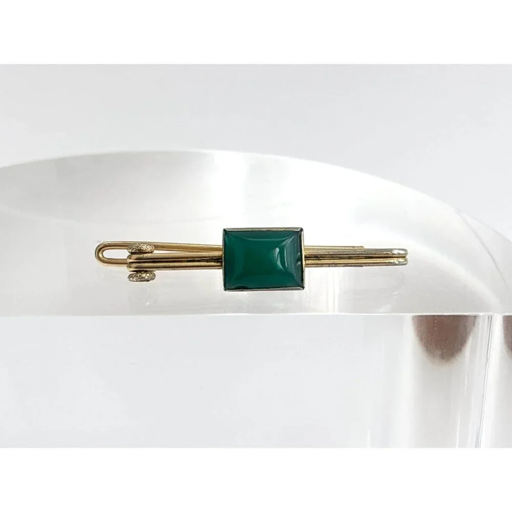 Swank Signed Faux Green Stone Gold Toned Vintage Men's Tie Bar | Tie Clip